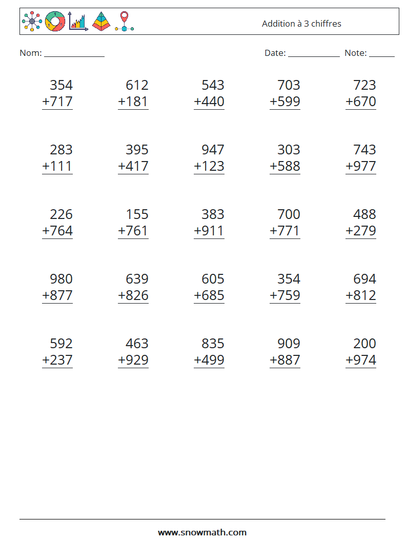 (25) Addition à 3 chiffres Fiches d'Exercices de Mathématiques 13