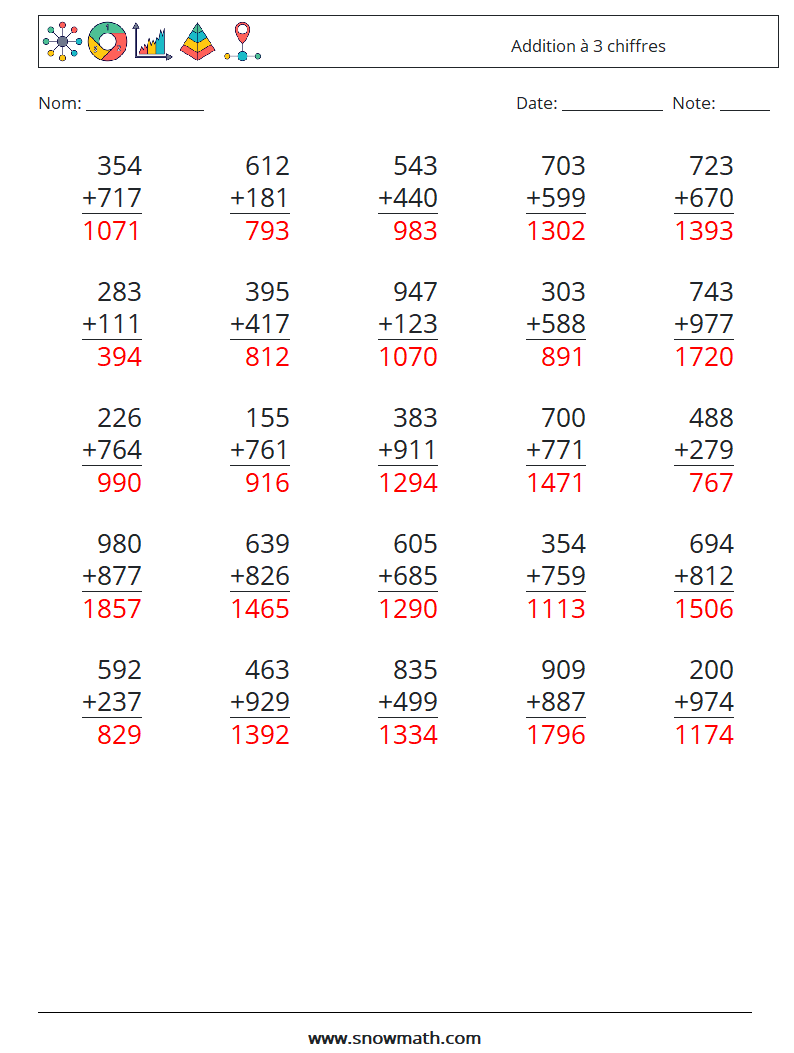 (25) Addition à 3 chiffres Fiches d'Exercices de Mathématiques 13 Question, Réponse