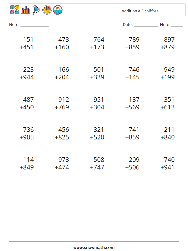 (25) Addition à 3 chiffres Fiches d'Exercices de Mathématiques 14