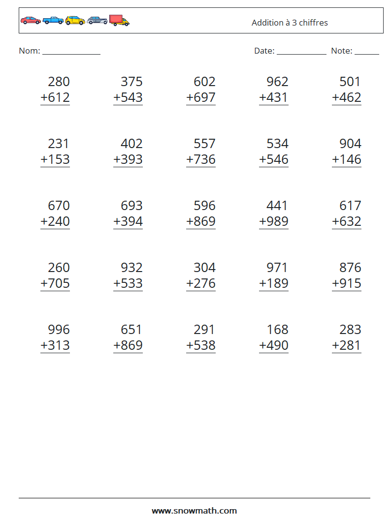 (25) Addition à 3 chiffres Fiches d'Exercices de Mathématiques 15