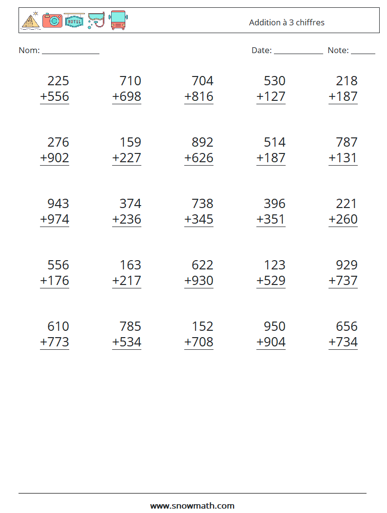 (25) Addition à 3 chiffres Fiches d'Exercices de Mathématiques 16