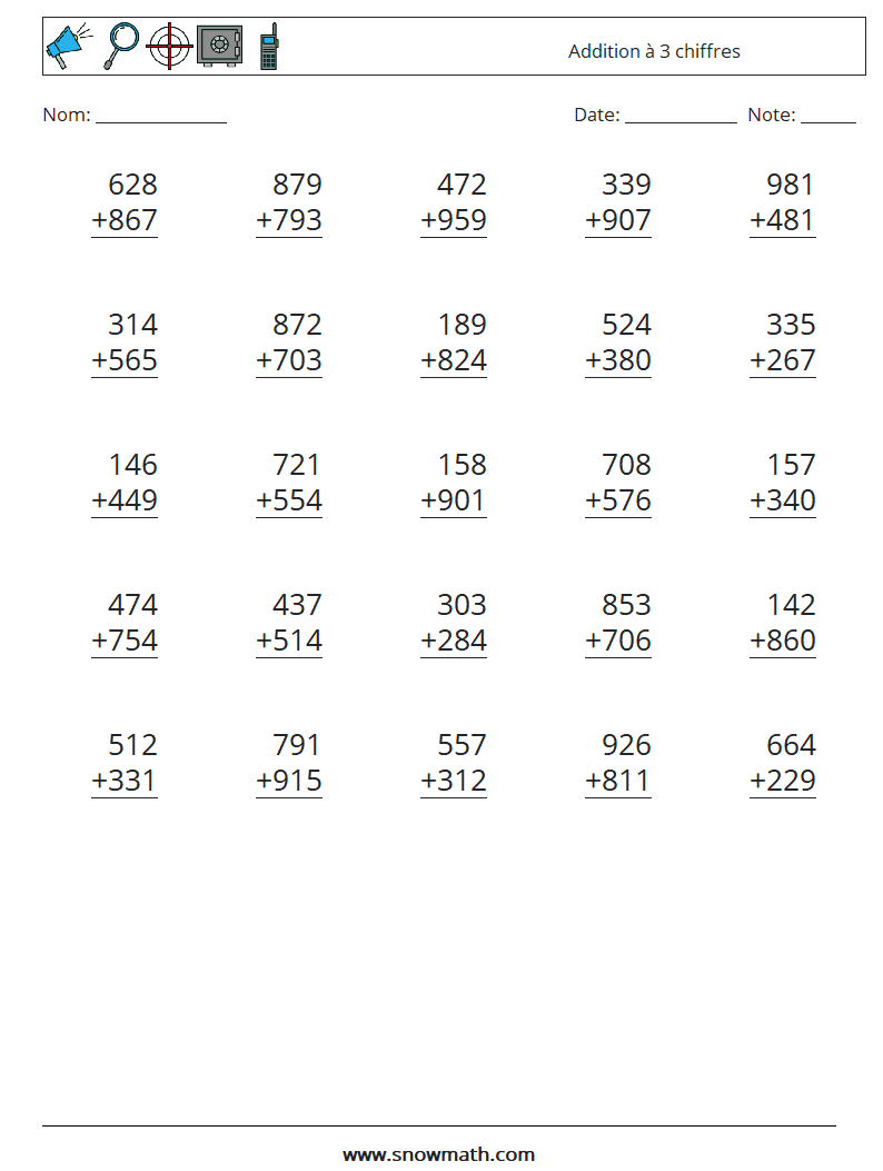 (25) Addition à 3 chiffres Fiches d'Exercices de Mathématiques 17