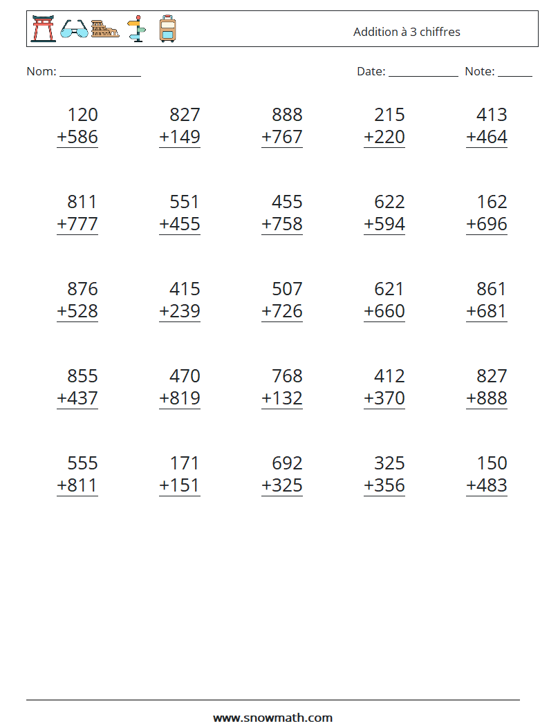 (25) Addition à 3 chiffres Fiches d'Exercices de Mathématiques 18