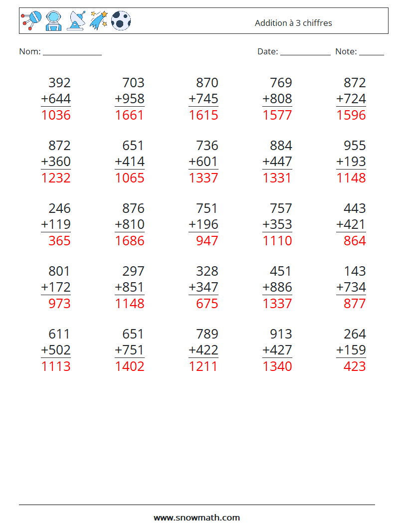 (25) Addition à 3 chiffres Fiches d'Exercices de Mathématiques 2 Question, Réponse