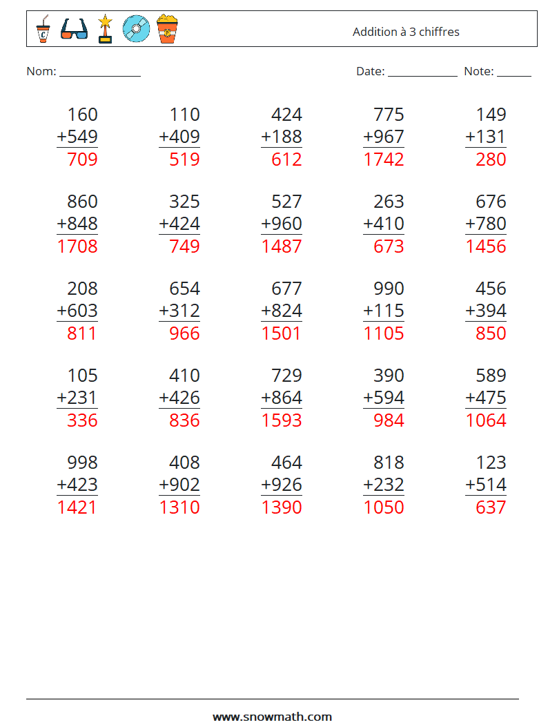 (25) Addition à 3 chiffres Fiches d'Exercices de Mathématiques 4 Question, Réponse