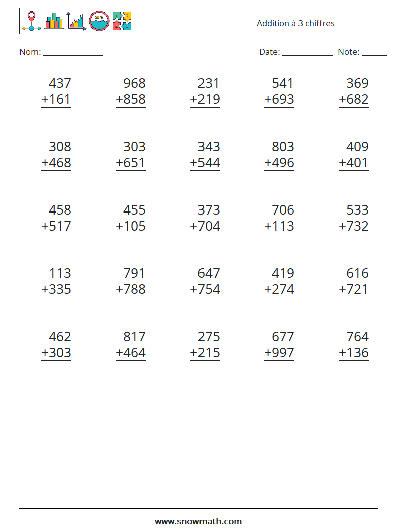 (25) Addition à 3 chiffres Fiches d'Exercices de Mathématiques 5