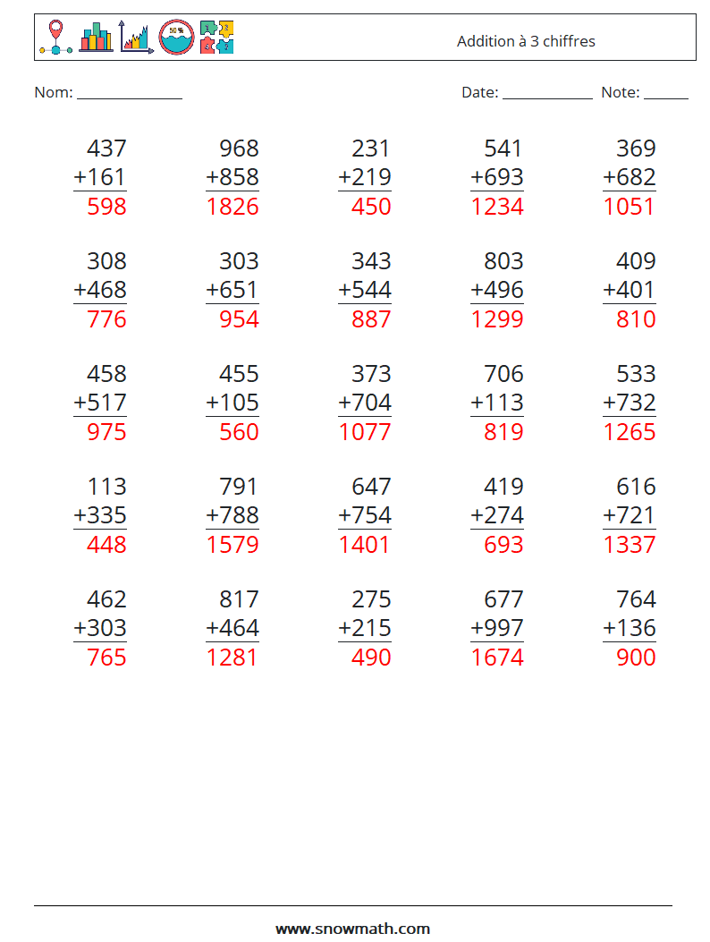 (25) Addition à 3 chiffres Fiches d'Exercices de Mathématiques 5 Question, Réponse