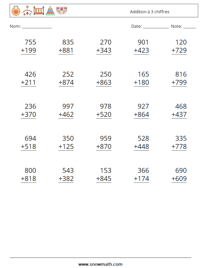 (25) Addition à 3 chiffres Fiches d'Exercices de Mathématiques 6