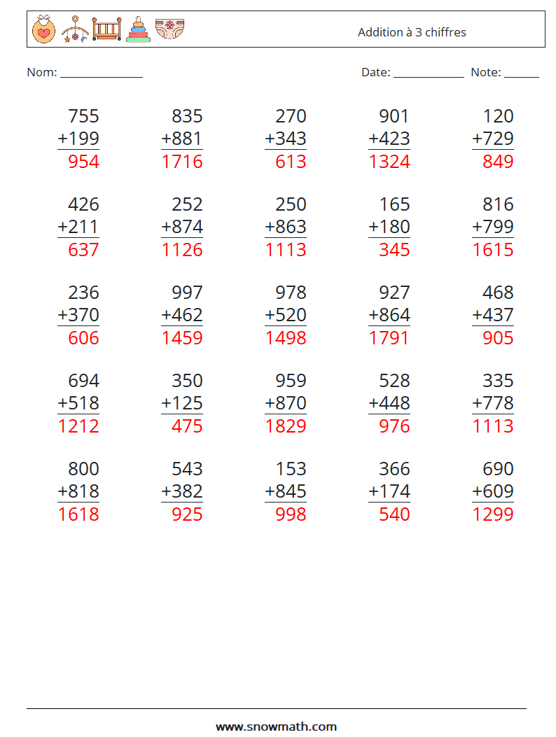 (25) Addition à 3 chiffres Fiches d'Exercices de Mathématiques 6 Question, Réponse