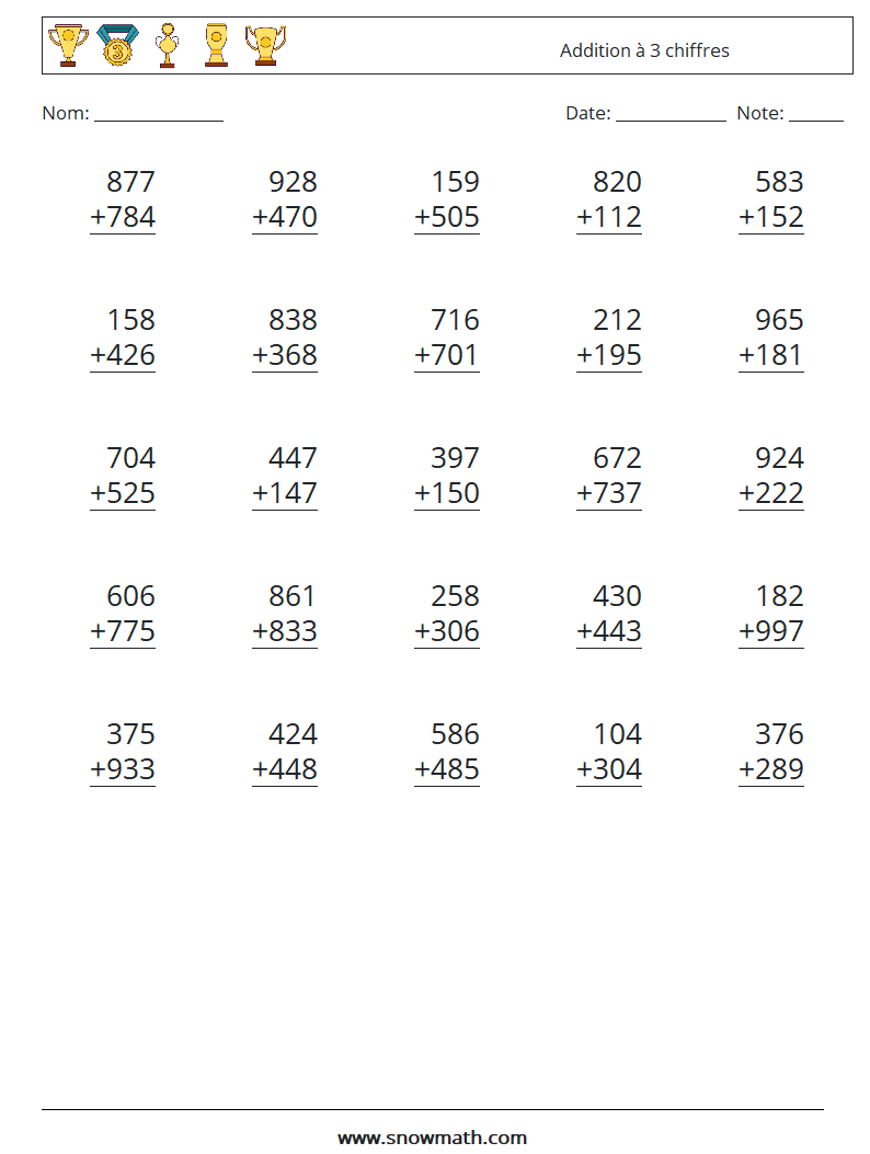 (25) Addition à 3 chiffres Fiches d'Exercices de Mathématiques 7