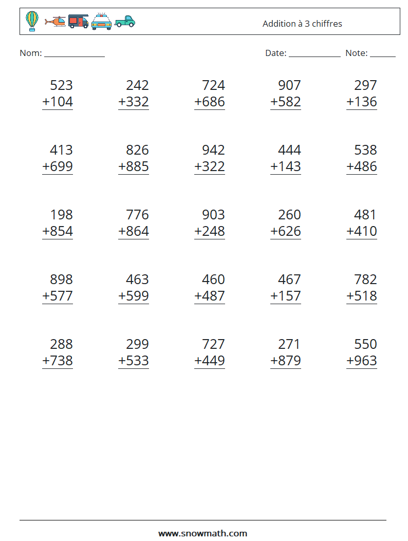 (25) Addition à 3 chiffres Fiches d'Exercices de Mathématiques 8