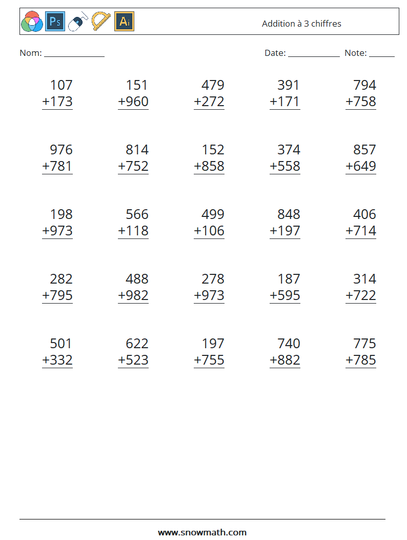 (25) Addition à 3 chiffres Fiches d'Exercices de Mathématiques 9