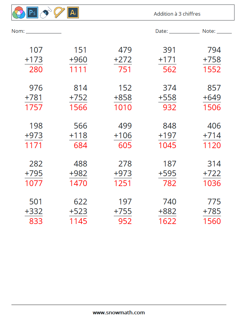 (25) Addition à 3 chiffres Fiches d'Exercices de Mathématiques 9 Question, Réponse