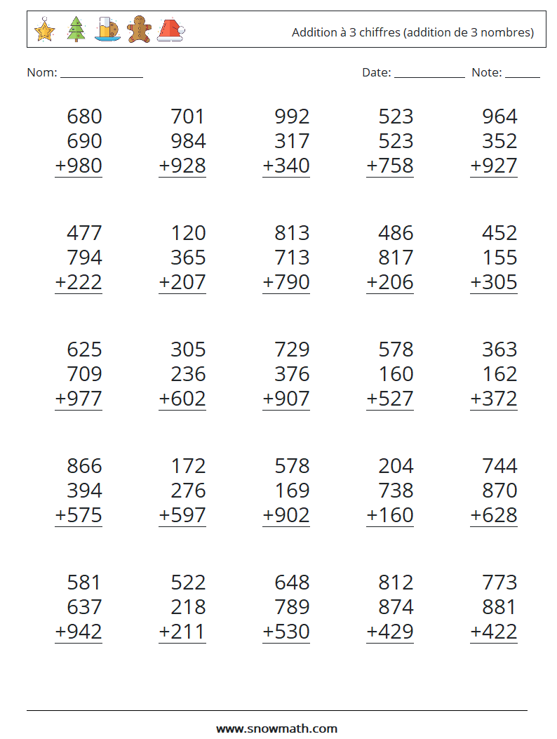 (25) Addition à 3 chiffres (addition de 3 nombres) Fiches d'Exercices de Mathématiques 1