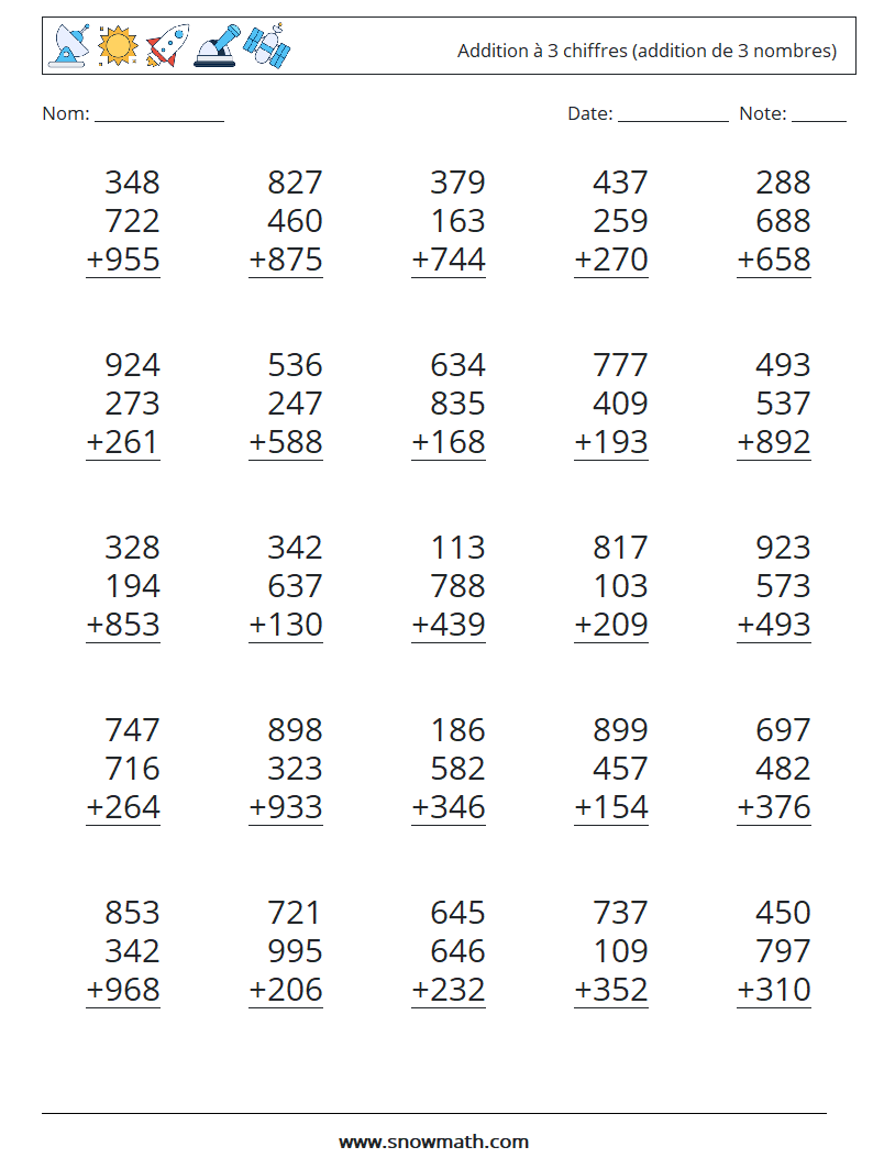 (25) Addition à 3 chiffres (addition de 3 nombres) Fiches d'Exercices de Mathématiques 10