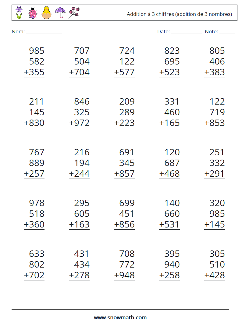 (25) Addition à 3 chiffres (addition de 3 nombres) Fiches d'Exercices de Mathématiques 12