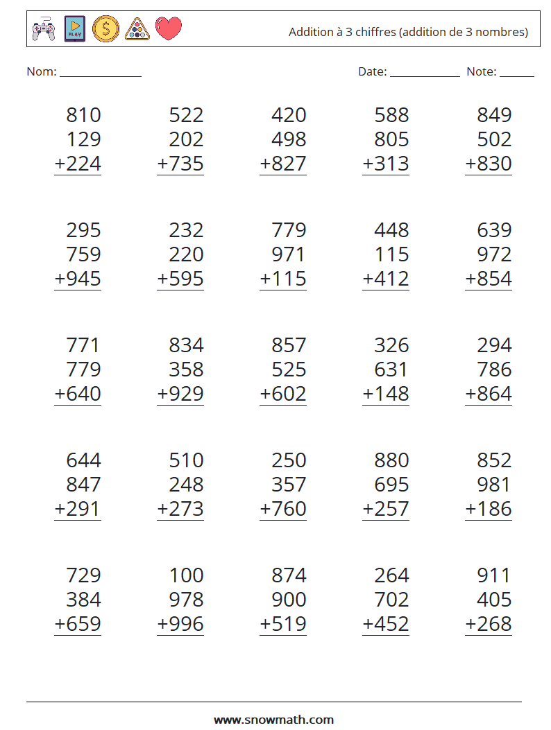 (25) Addition à 3 chiffres (addition de 3 nombres) Fiches d'Exercices de Mathématiques 13