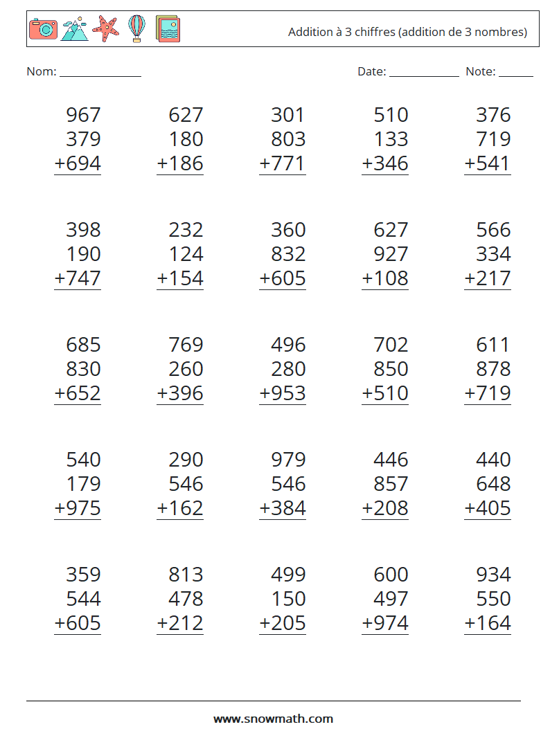 (25) Addition à 3 chiffres (addition de 3 nombres) Fiches d'Exercices de Mathématiques 14