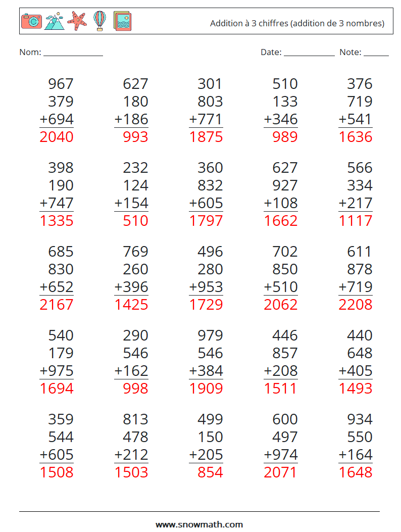 (25) Addition à 3 chiffres (addition de 3 nombres) Fiches d'Exercices de Mathématiques 14 Question, Réponse