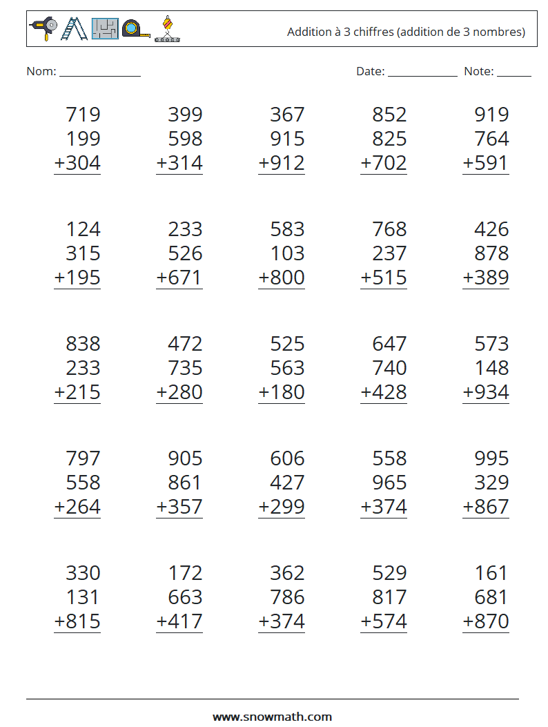 (25) Addition à 3 chiffres (addition de 3 nombres) Fiches d'Exercices de Mathématiques 15
