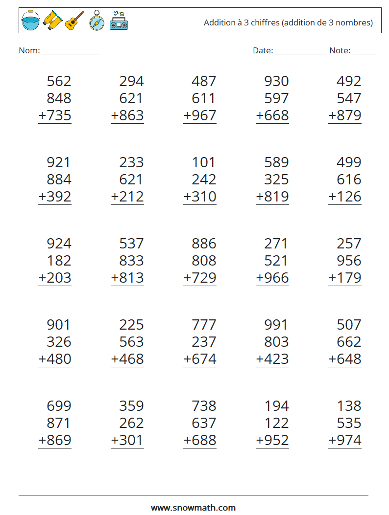 (25) Addition à 3 chiffres (addition de 3 nombres) Fiches d'Exercices de Mathématiques 16