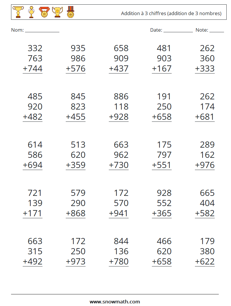 (25) Addition à 3 chiffres (addition de 3 nombres) Fiches d'Exercices de Mathématiques 17