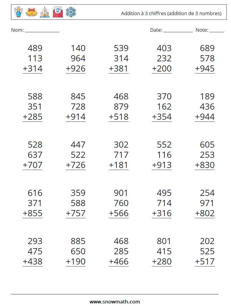 (25) Addition à 3 chiffres (addition de 3 nombres) Fiches d'Exercices de Mathématiques 18