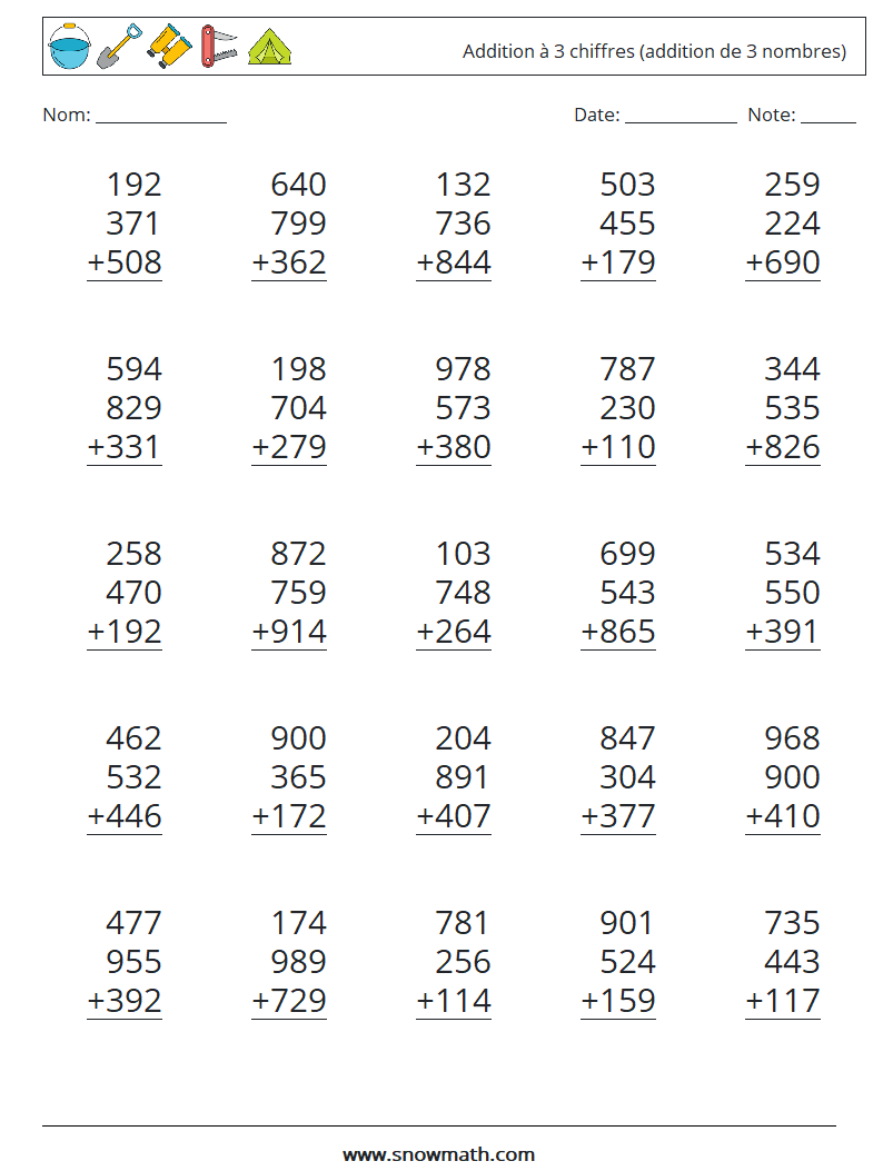 (25) Addition à 3 chiffres (addition de 3 nombres) Fiches d'Exercices de Mathématiques 3