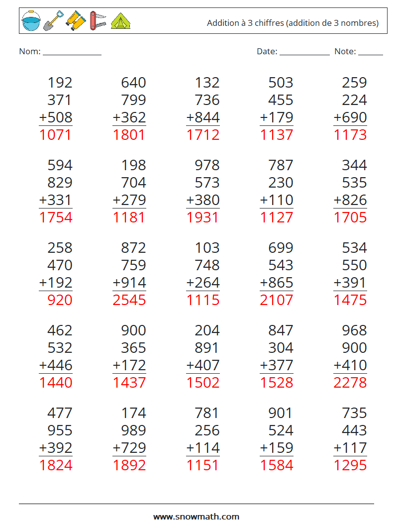 (25) Addition à 3 chiffres (addition de 3 nombres) Fiches d'Exercices de Mathématiques 3 Question, Réponse