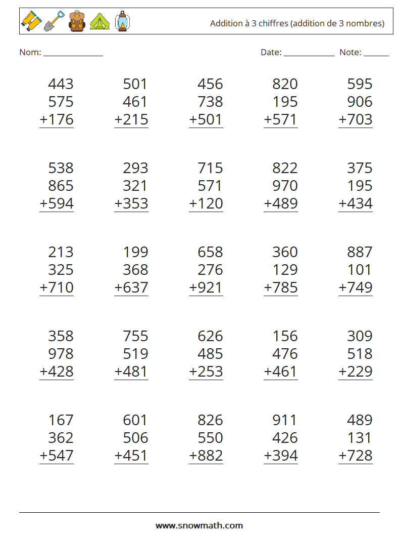 (25) Addition à 3 chiffres (addition de 3 nombres) Fiches d'Exercices de Mathématiques 4