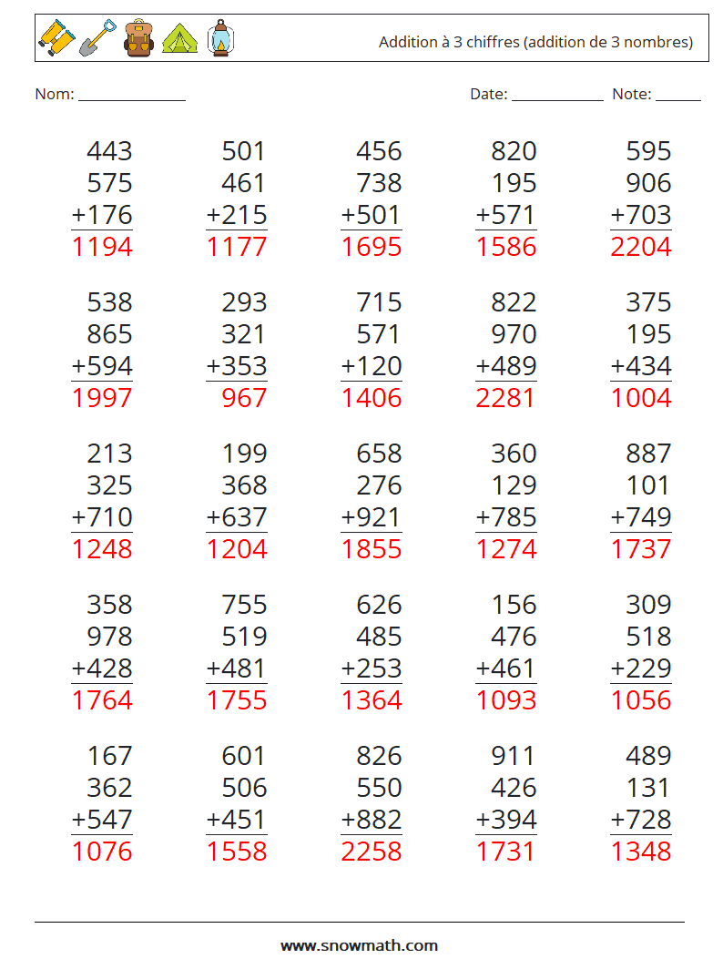 (25) Addition à 3 chiffres (addition de 3 nombres) Fiches d'Exercices de Mathématiques 4 Question, Réponse