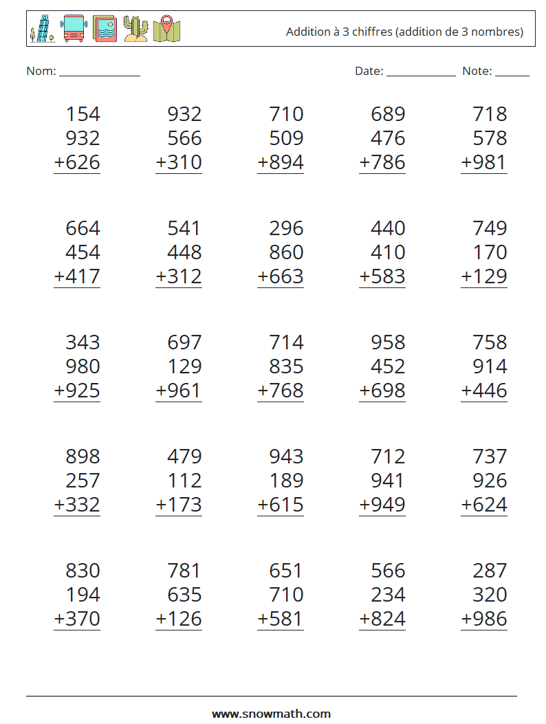 (25) Addition à 3 chiffres (addition de 3 nombres) Fiches d'Exercices de Mathématiques 5