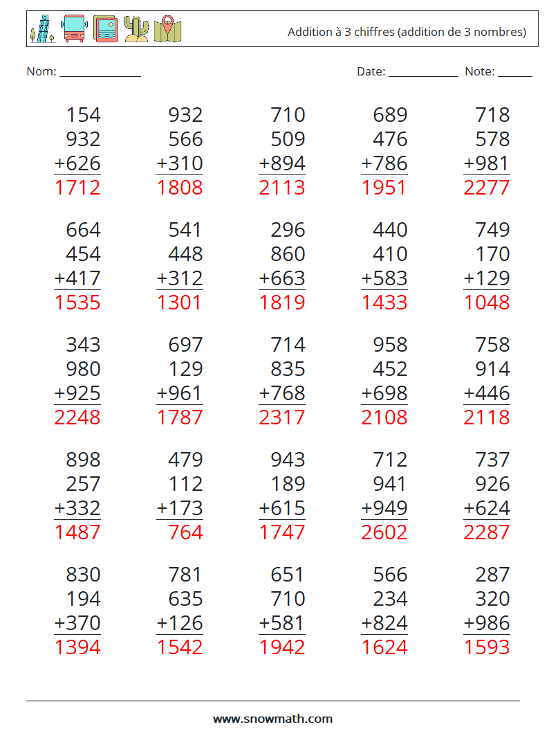 (25) Addition à 3 chiffres (addition de 3 nombres) Fiches d'Exercices de Mathématiques 5 Question, Réponse