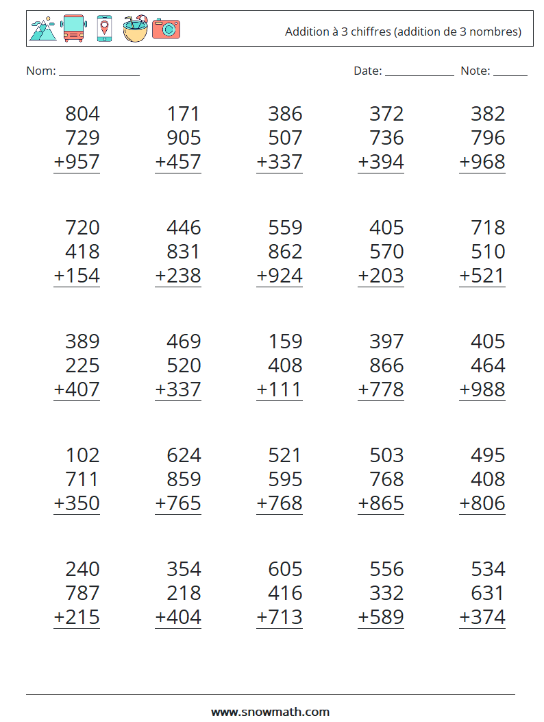 (25) Addition à 3 chiffres (addition de 3 nombres) Fiches d'Exercices de Mathématiques 6