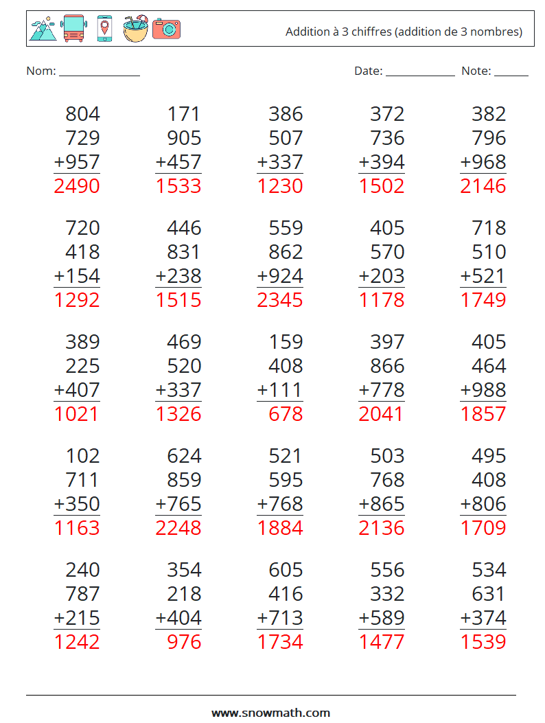 (25) Addition à 3 chiffres (addition de 3 nombres) Fiches d'Exercices de Mathématiques 6 Question, Réponse