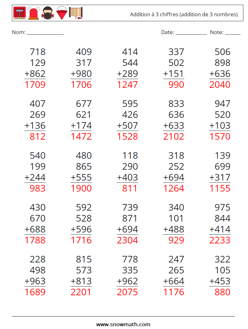 (25) Addition à 3 chiffres (addition de 3 nombres) Fiches d'Exercices de Mathématiques 7 Question, Réponse