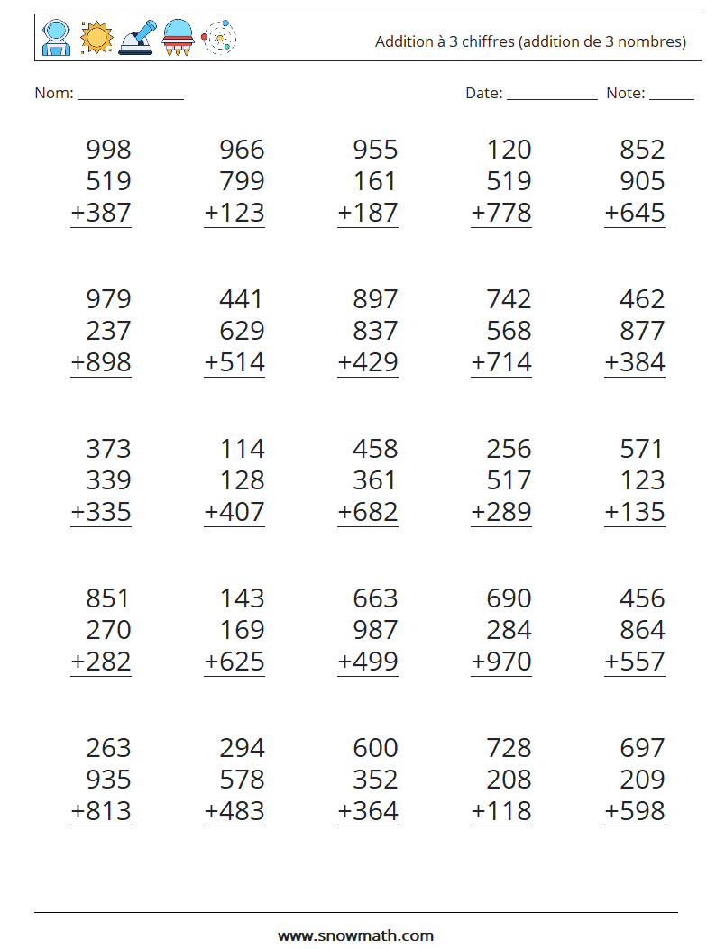 (25) Addition à 3 chiffres (addition de 3 nombres) Fiches d'Exercices de Mathématiques 9