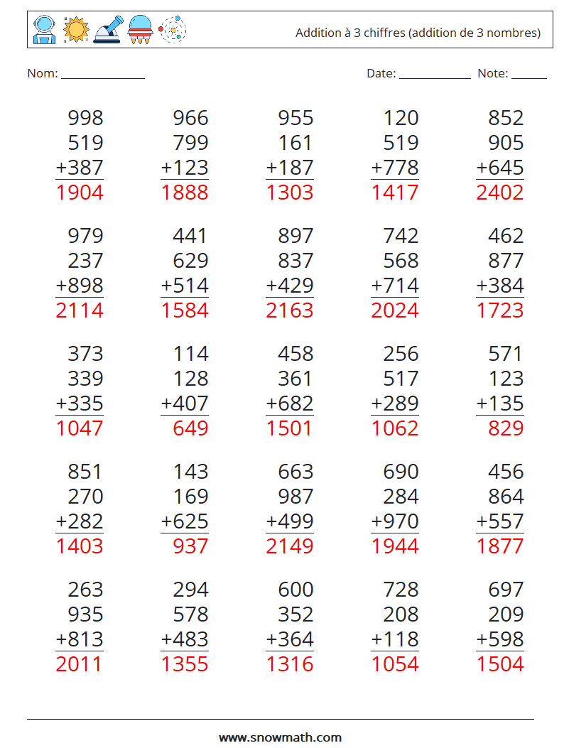 (25) Addition à 3 chiffres (addition de 3 nombres) Fiches d'Exercices de Mathématiques 9 Question, Réponse