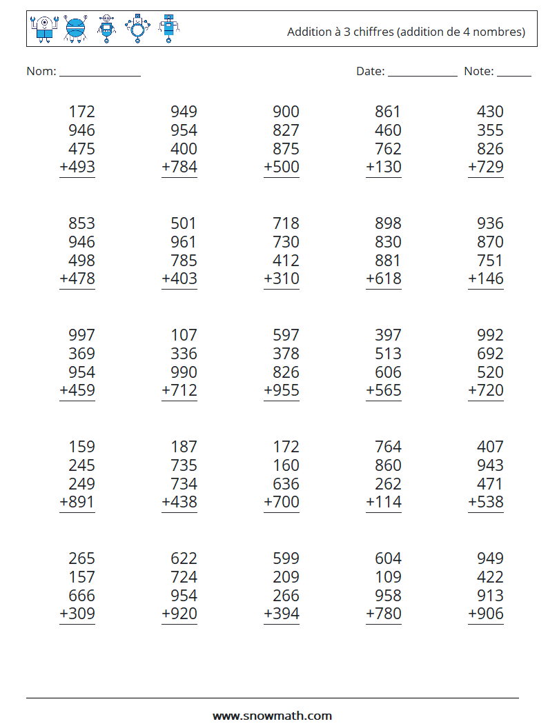 (25) Addition à 3 chiffres (addition de 4 nombres) Fiches d'Exercices de Mathématiques 1