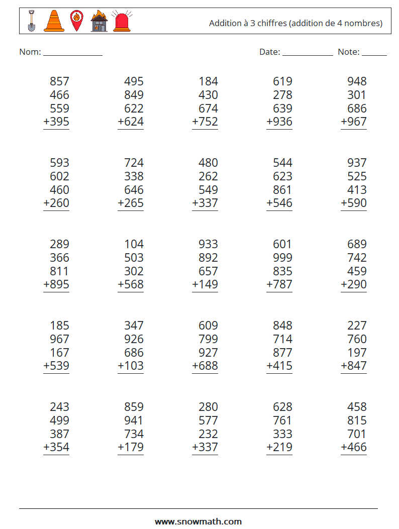 (25) Addition à 3 chiffres (addition de 4 nombres) Fiches d'Exercices de Mathématiques 10