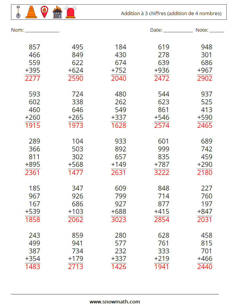 (25) Addition à 3 chiffres (addition de 4 nombres) Fiches d'Exercices de Mathématiques 10 Question, Réponse