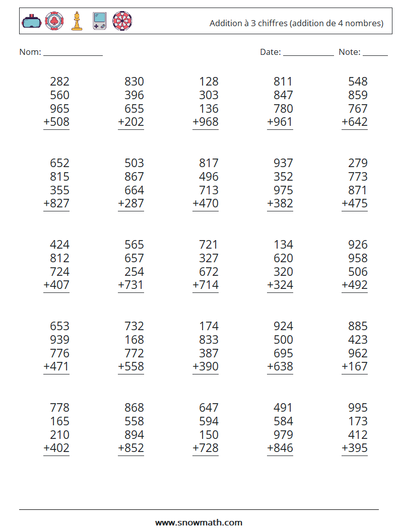 (25) Addition à 3 chiffres (addition de 4 nombres) Fiches d'Exercices de Mathématiques 11