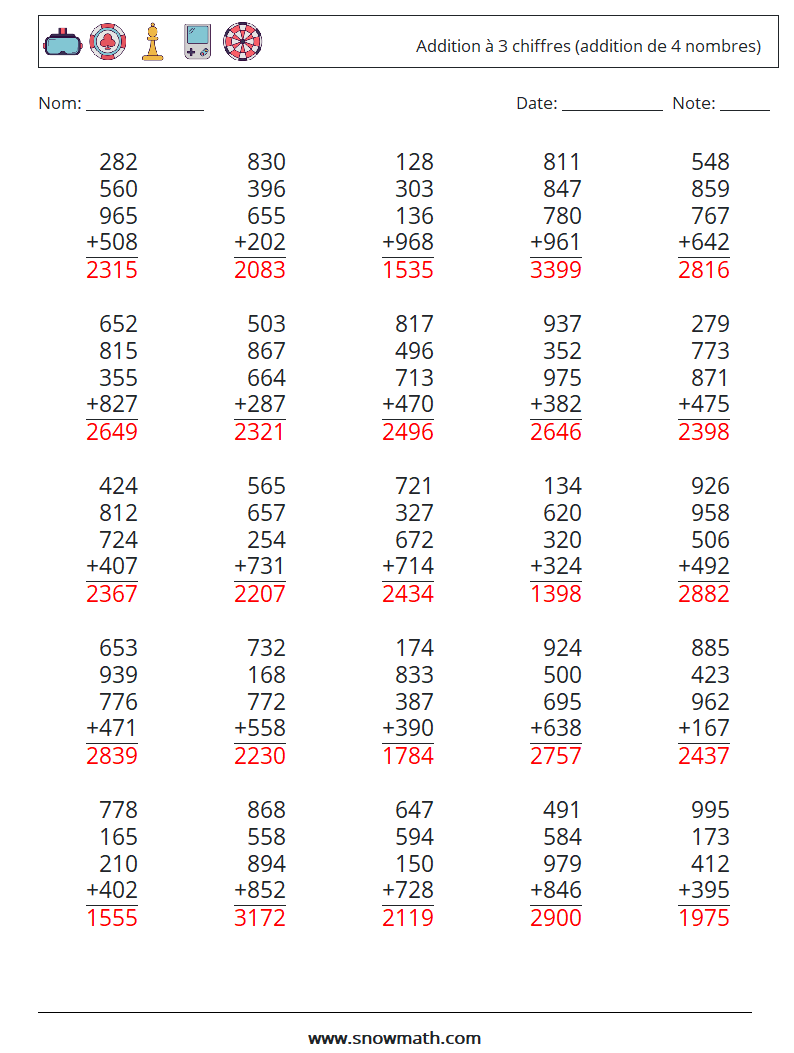 (25) Addition à 3 chiffres (addition de 4 nombres) Fiches d'Exercices de Mathématiques 11 Question, Réponse