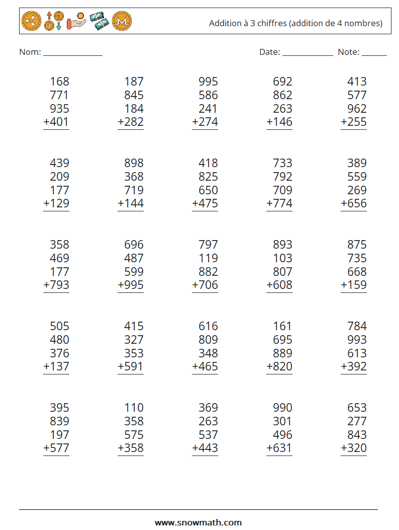 (25) Addition à 3 chiffres (addition de 4 nombres) Fiches d'Exercices de Mathématiques 12