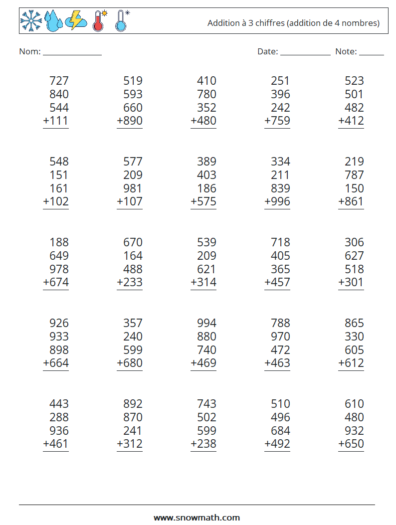 (25) Addition à 3 chiffres (addition de 4 nombres) Fiches d'Exercices de Mathématiques 13