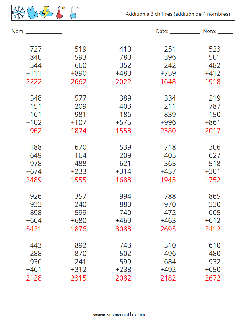 (25) Addition à 3 chiffres (addition de 4 nombres) Fiches d'Exercices de Mathématiques 13 Question, Réponse