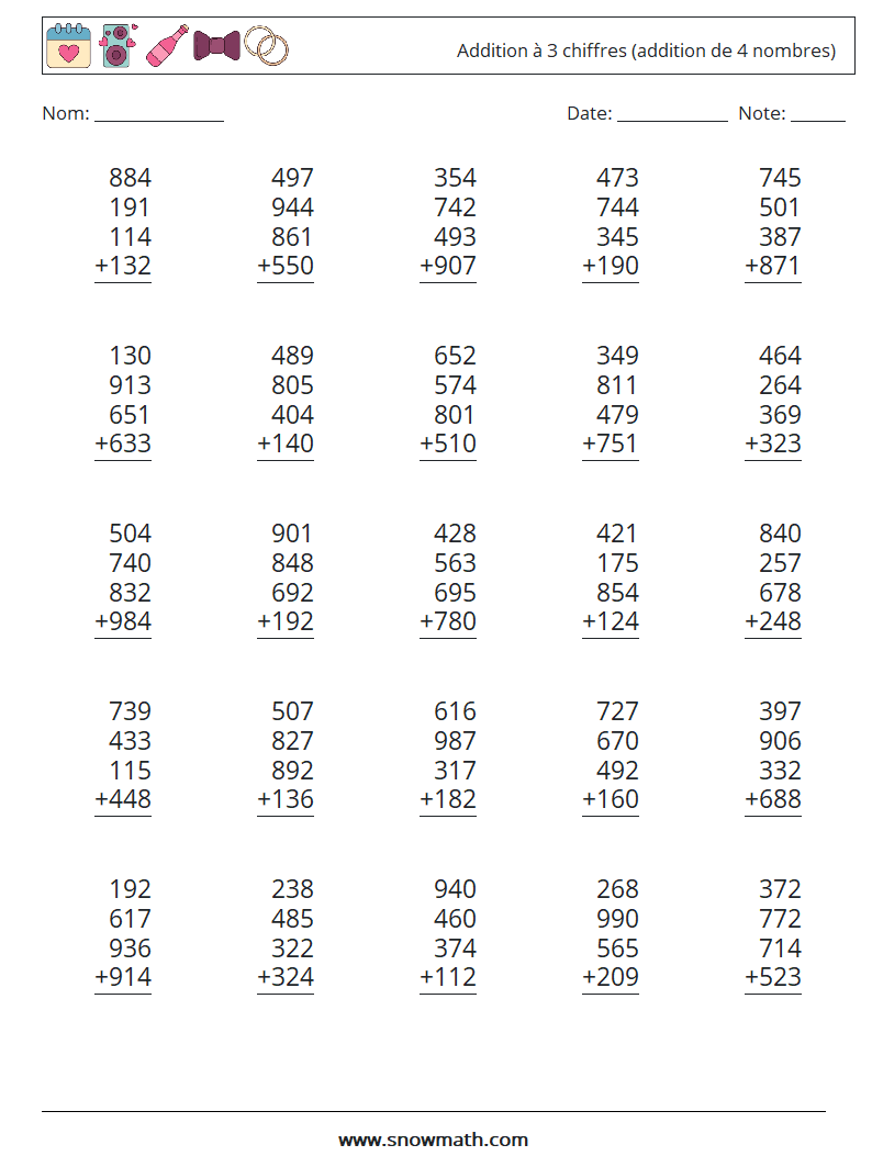 (25) Addition à 3 chiffres (addition de 4 nombres) Fiches d'Exercices de Mathématiques 14