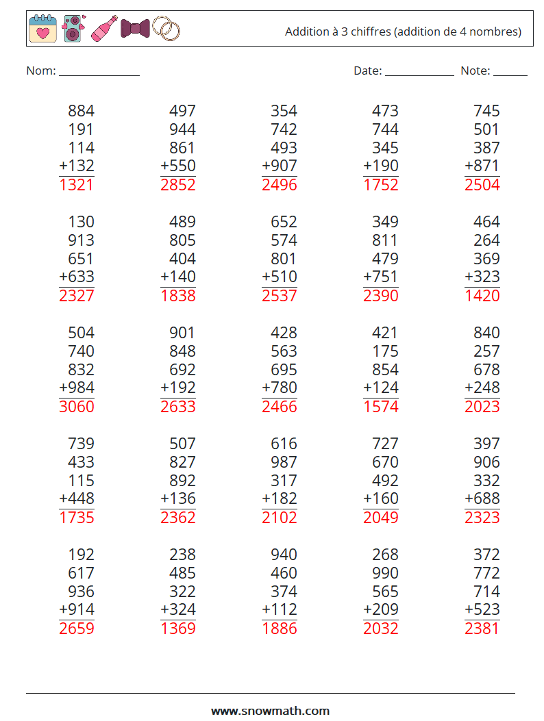 (25) Addition à 3 chiffres (addition de 4 nombres) Fiches d'Exercices de Mathématiques 14 Question, Réponse