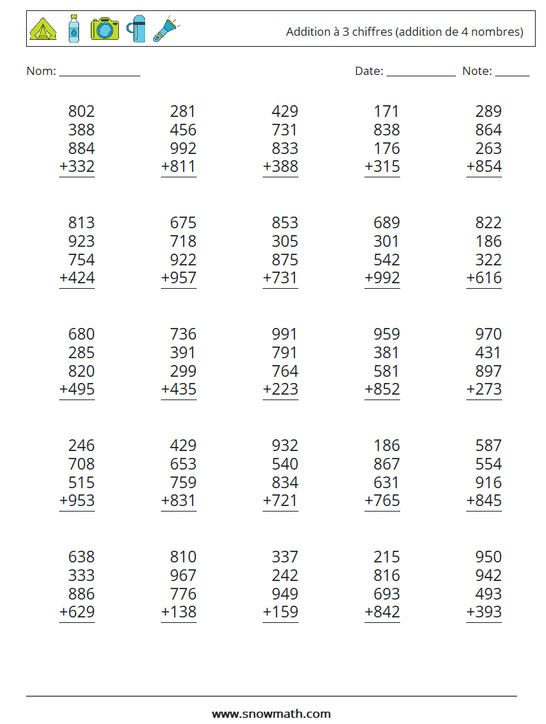 (25) Addition à 3 chiffres (addition de 4 nombres) Fiches d'Exercices de Mathématiques 15