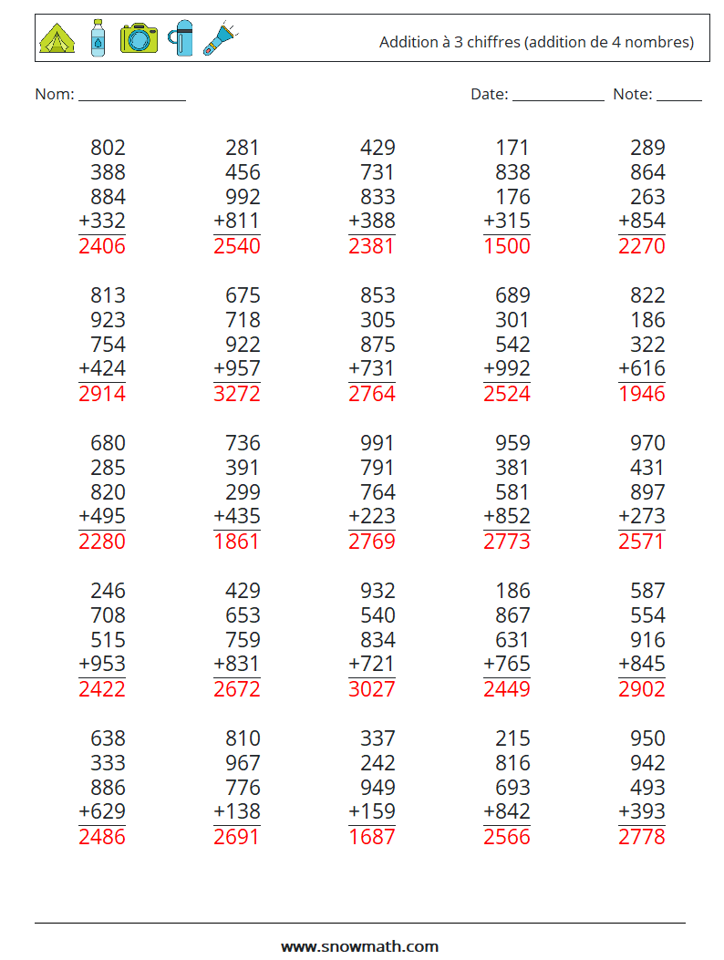 (25) Addition à 3 chiffres (addition de 4 nombres) Fiches d'Exercices de Mathématiques 15 Question, Réponse